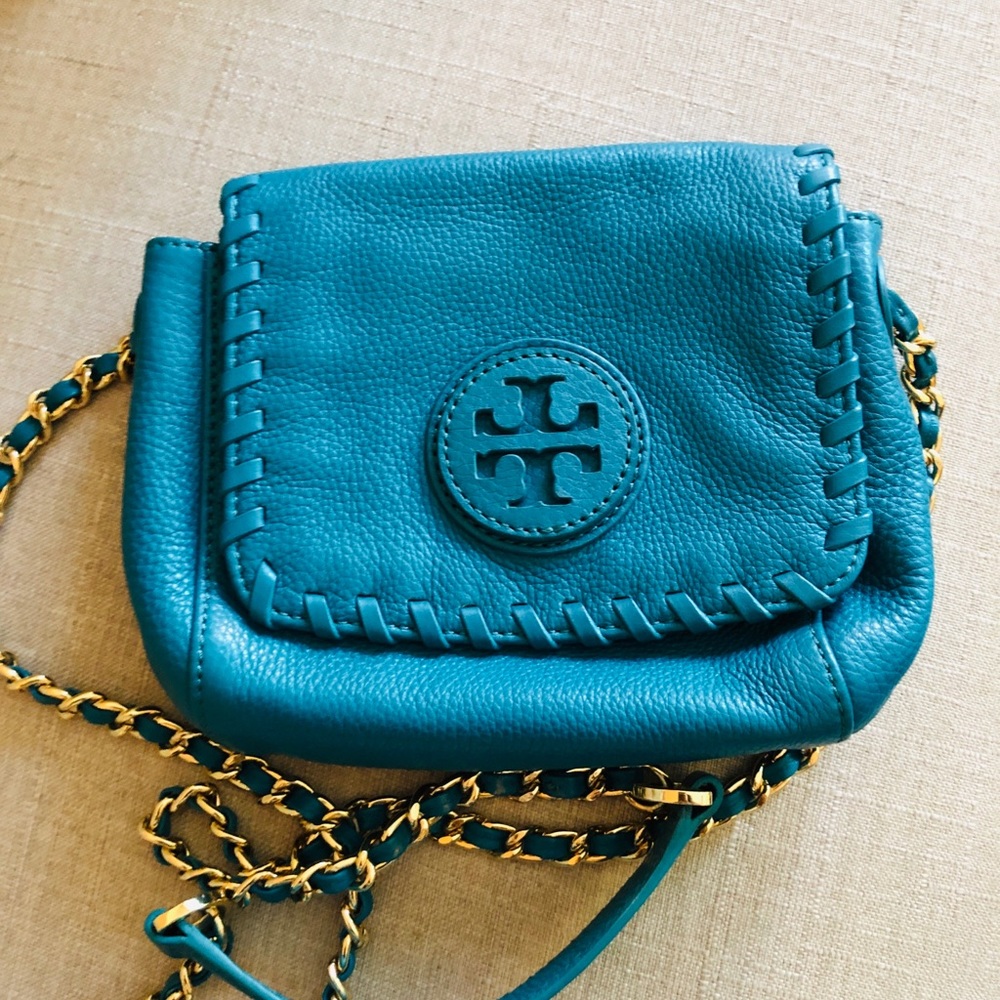 Tory Burch Teal Whipstitch Leather Crossbody Bag